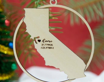Home location ornament - All states available - Laser cut custom wood ornament