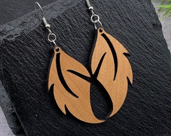 Simple Feather Earrings | Laser-Cut Cherry Wood Earrings, Gifts for Her, Statement Earrings