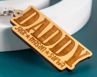 Personalized Wood Dad Keychain, Father's Day Gift, Personalized with Children Names, Daddy Custom Keychain, Custom Grandpa Keychain