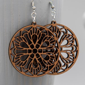 Mandala Medallion Earrings Wooden Earrings, Statement Earrings, Gifts for Her, Large Round Earrings, Floral Design image 1