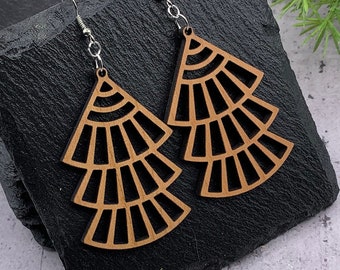 Layered Fans Statement Earrings | Wooden Earrings, Wood Jewelry, Statement Earrings, Fan Design, Gifts for Her