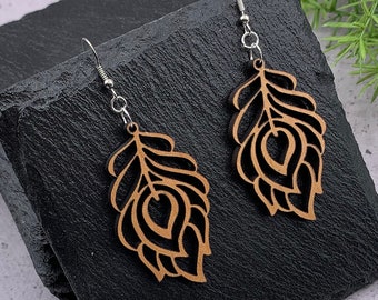 Peacock Feather Wood Earrings | Laser-Cut Cherry Wood Earrings, Gifts for Her, Statement Earrings