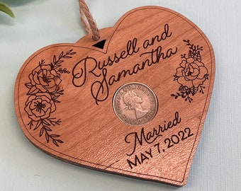 Personalized Sixpence Ornament, Sixpence for Bride Wedding Day Gift for Bride from Mom, Good Luck Gift for Women, Wedding Date Ornament Wood