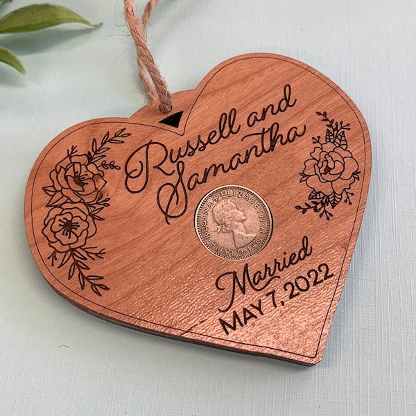 Personalized Sixpence Ornament, Sixpence for Bride Wedding Day Gift for Bride from Mom, Good Luck Gift for Women, Wedding Date Ornament Wood