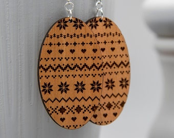 Cozy Sweater Engraved Earrings | Wood Earrings, Statement Earrings, Gifts for Her, Fair Isle Sweater Inspired, Ugly Christmas Sweater