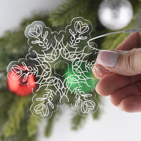 Acrylic Swear Word Snowflake Ornament, Sarcastic Christmas Decor for Adults, Holiday Gag Gift for Friends Who Swear, "Eff" Flake Ornament