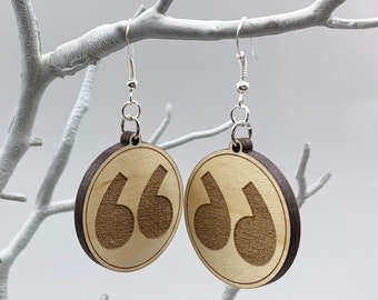 Quote, Unquote Earrings - Quotation Mark Laser-Cut Cherry Wood Earrings, Grammar Earrings