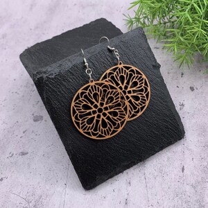 Mandala Medallion Earrings Wooden Earrings, Statement Earrings, Gifts for Her, Large Round Earrings, Floral Design image 2