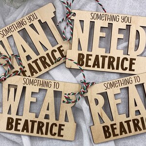 Set of 4 Gift Tags | Something you Want, Something you Need, Something to Wear, Something to Read, Personalized, Reusable, Wood Tags