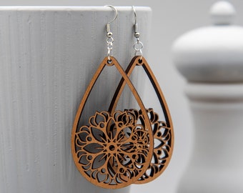 Floral Teardrop Earrings | Wooden Earrings, Statement Earrings, Gifts for Her, Flower Teardrop, Floral Statement