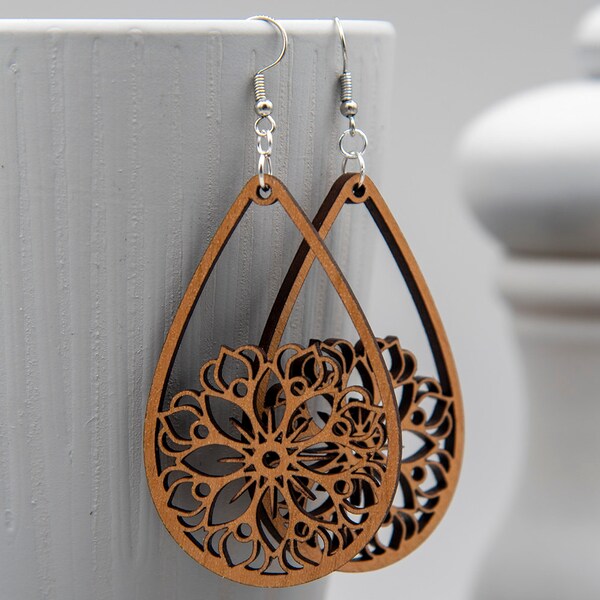 Floral Teardrop Earrings | Wooden Earrings, Statement Earrings, Gifts for Her, Flower Teardrop, Floral Statement