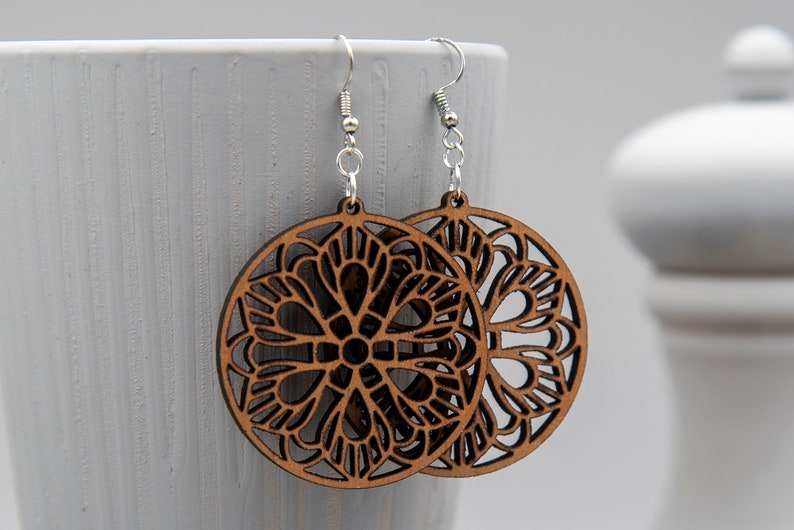 Mandala Medallion Earrings Wooden Earrings, Statement Earrings, Gifts for Her, Large Round Earrings, Floral Design image 1