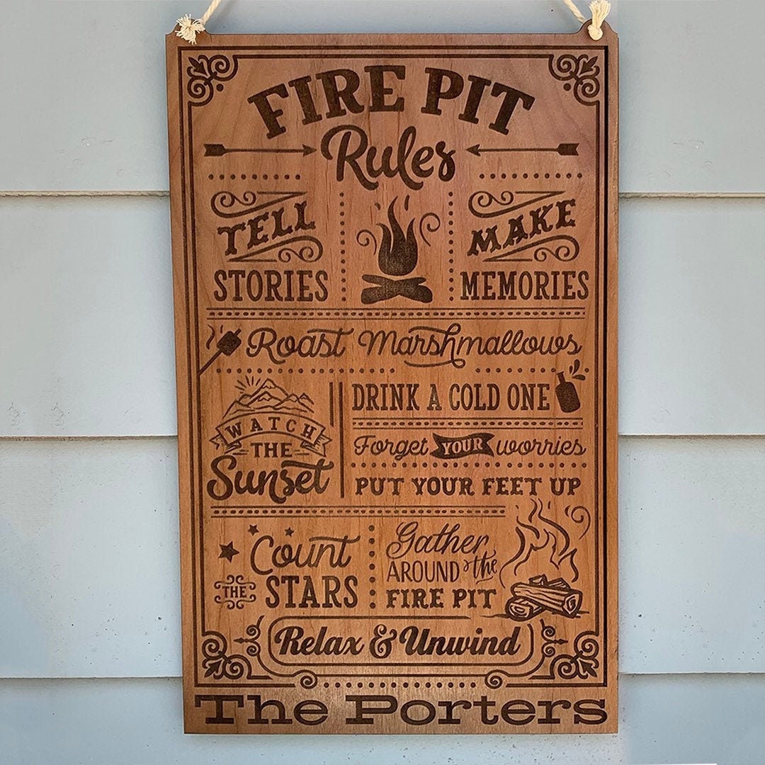 Personalized Fire Pit Rules Sign, Engraved Garden Decor, Fire Pit Decor ...