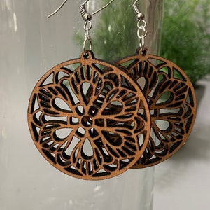 Mandala Medallion Earrings Wooden Earrings, Statement Earrings, Gifts for Her, Large Round Earrings, Floral Design image 4