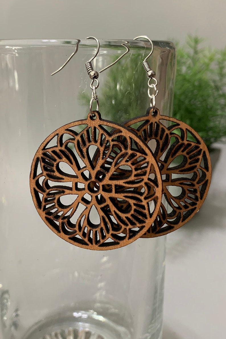 Mandala Medallion Earrings Wooden Earrings, Statement Earrings, Gifts for Her, Large Round Earrings, Floral Design image 4