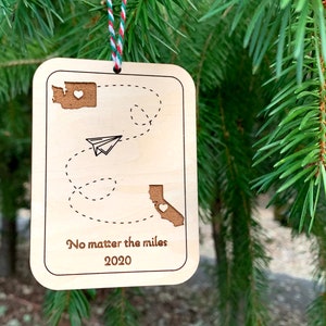 No matter the miles holiday ornament Long Distance Ornament, Paper Airplane Ornament, State to State Ornament image 2