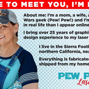 May include: A smiling woman wearing a baseball cap and denim overalls. The image includes the text "NICE TO MEET YOU, I'M LIZZ" and "PEW PEW Lasercraft". The text describes her as a Star Wars fan with graphic design experience.