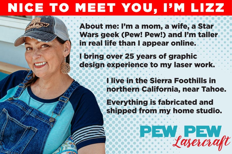 May include: A smiling woman wearing a baseball cap and denim overalls. The image includes the text "NICE TO MEET YOU, I'M LIZZ" and "PEW PEW Lasercraft". The text describes her as a Star Wars fan with graphic design experience.
