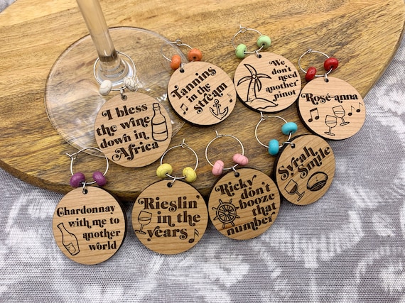 Yacht Rock Wine Glass Charms - Set of 8 Laser Engraved Wood Charms