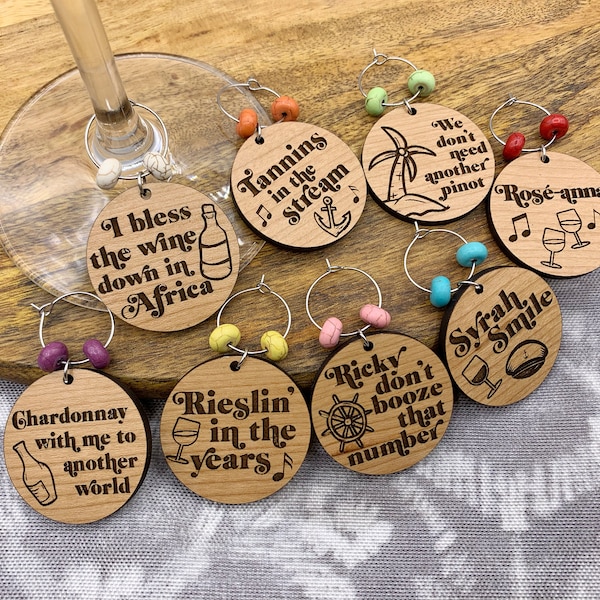 Yacht Rock Wine Glass Charms - Set of 8 Laser Engraved Wood Charms