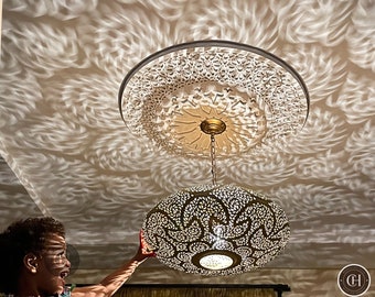 Moroccan Brass Hanging Lamp: Geometric Pendant Light Fixture