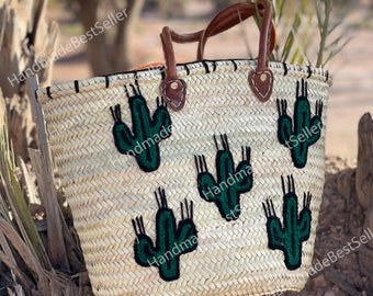 Handmade Moroccan Straw Market Bag with Leather Handles