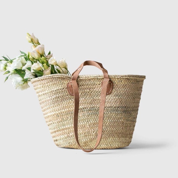 STRAW BAG Handmade with leather, French Market Basket, french market bag, Straw basket, french basket, grocery market bag