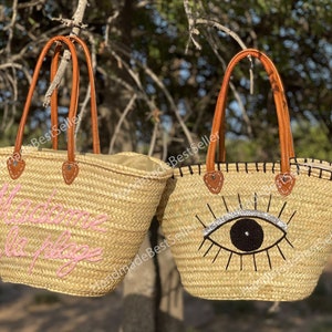 SAC DE PAILLE Fait à la main avec du cuir, panier de Français, sac de marché français, panier de paille, panier de français, sac de marché dépicerie image 5