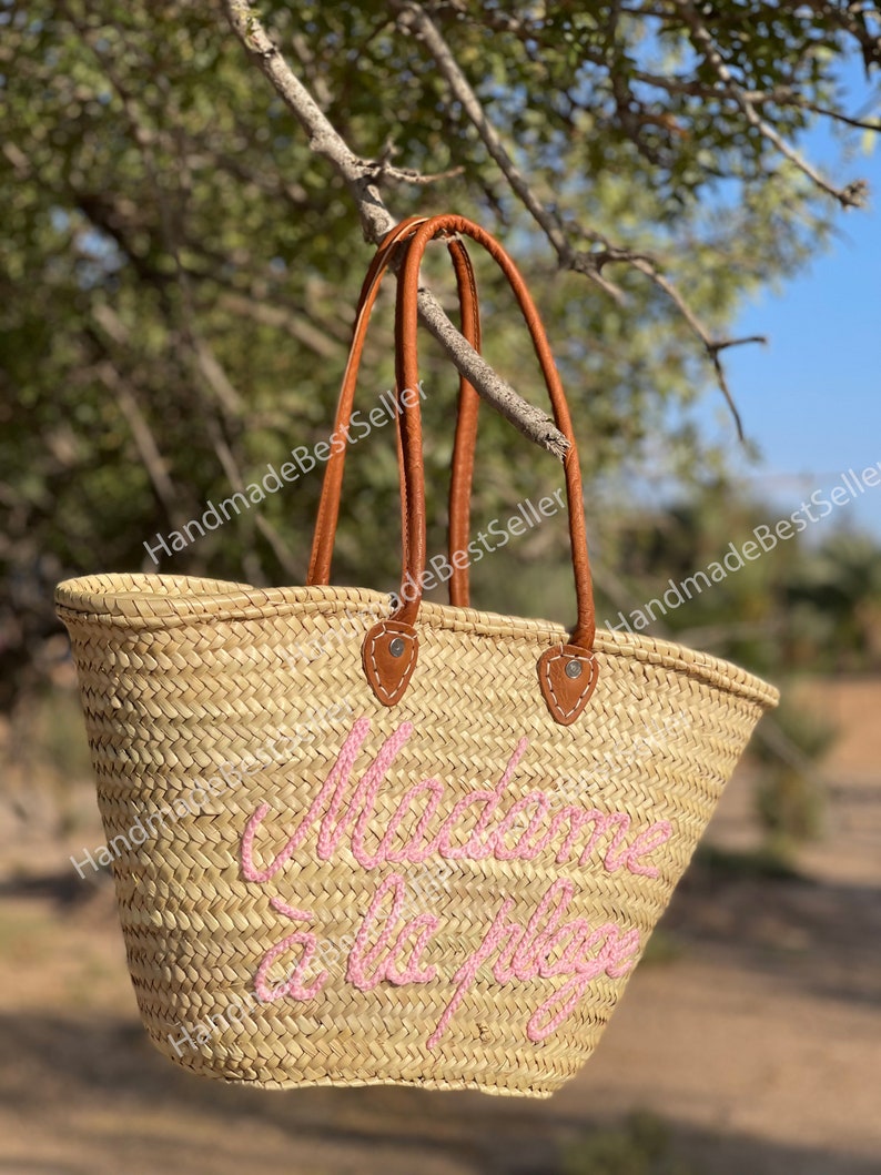 SAC DE PAILLE Fait à la main avec du cuir, panier de Français, sac de marché français, panier de paille, panier de français, sac de marché dépicerie image 3