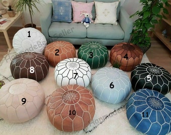 Handmade Moroccan Leather Pouf Ottoman: White Stitching