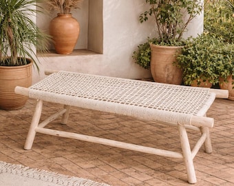 Banco marroquino de corda trançada à mão – Assento boho em madeira maciça com corda bege