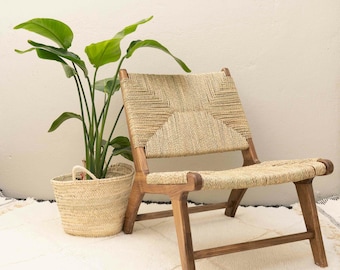 Handcrafted Moroccan Wood Chair with Braided Straw Seat