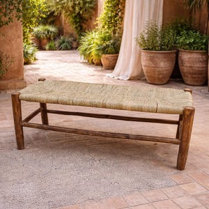 Handwoven Palm Leaf Cord Bench in Solid Eucalyptus Wood – Rustic Boho Style
