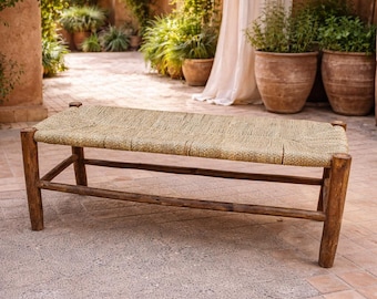 Panca in corda di foglie di palma intrecciate a mano in legno massello di eucalipto - Stile rustico boho