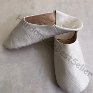 Womens Moroccan Leather Babouche White Slippers,Traditional Moroccan Basic Babouche,Sheepskin Slippers,Babouche