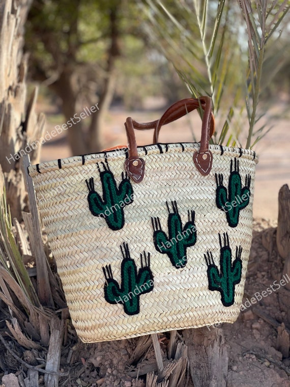 STRAW BAG Handmade with leather, French Market Basket