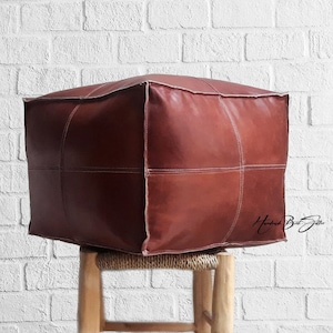 Handmade Square Leather Pouf: Moroccan Boho Home Decor Footstool