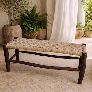 Handwoven Palm Leaf Bench with Eucalyptus Wood Frame – Rustic Boho Seating