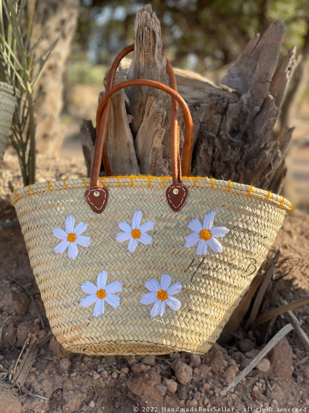 Handmade Straw Market Bag: Moroccan Woven Basket With Leather Handles ...