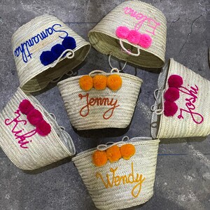 Monogrammed Straw bag with pompoms - straw moroccan basket,bridal shower bags,customized straw bags, custom beach bag