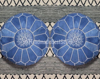 Set of 2 Handmade Blue Leather Poufs: Moroccan Boho Decor