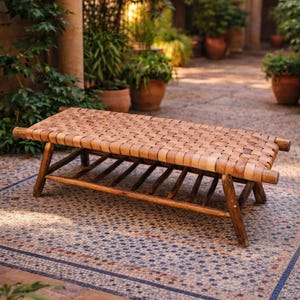 Handcrafted Natural Leather Bench – Boho Chic Moroccan Pouf Seating