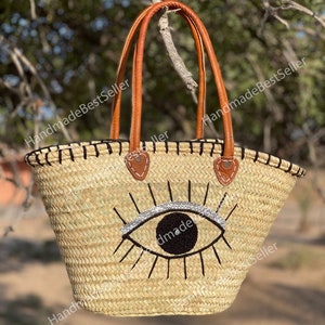 STRAW BAG Handmade with leather, French Market Basket, french market bag, Straw basket, french basket, grocery market bag