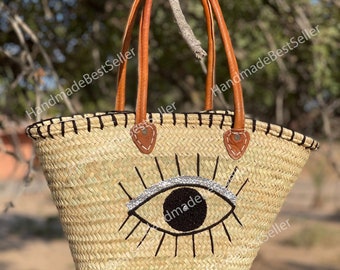 Handmade Moroccan Straw Market Bag with Leather Handles