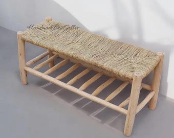 Handwoven Palm Leaf Bench: Rustic Boho Eucalyptus Wood Seating