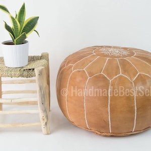 Handmade Tan Leather Moroccan Pouf Ottoman