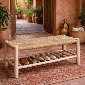 Rustic Boho Palm Leaf Bench – Solid Eucalyptus Wood