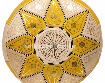 Handmade Yellow Leather Moroccan Pouf: Berber Ottoman Footstool