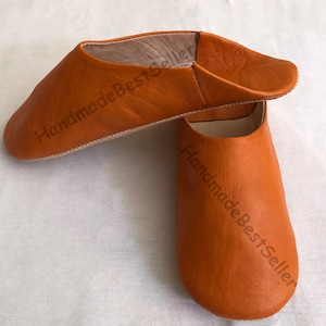 Womens Moroccan Leather Babouche Orange Slippers,Traditional Moroccan Basic Babouche,Sheepskin Slippers,Babouche