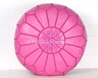 Handmade Pink Leather Moroccan Pouf: Boho Ottoman Footstool